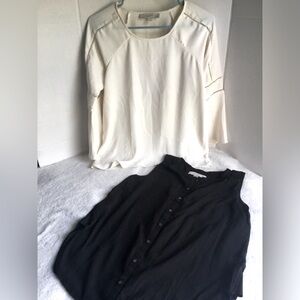 2 Tops - Loft Cream Silky Blouse Collarless Long-Sleeve & Black Sleeveless XSP